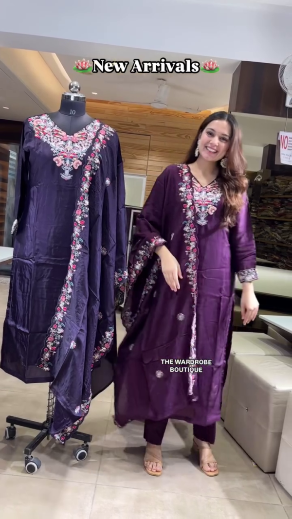 Graceful Deep Wine and Midnight Blue Anarkali Kurta Sets with Intricate Multicolor Floral Embroidery and Matching Dupattas – Elegant New Arrivals for Festive and Wedding Occasions by The Wardrobe Boutique