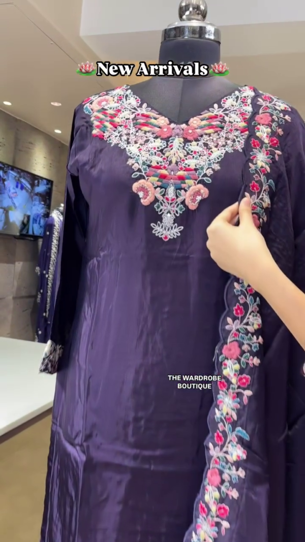 Graceful Deep Wine and Midnight Blue Anarkali Kurta Sets with Intricate Multicolor Floral Embroidery and Matching Dupattas – Elegant New Arrivals for Festive and Wedding Occasions by The Wardrobe Boutique - Image 3
