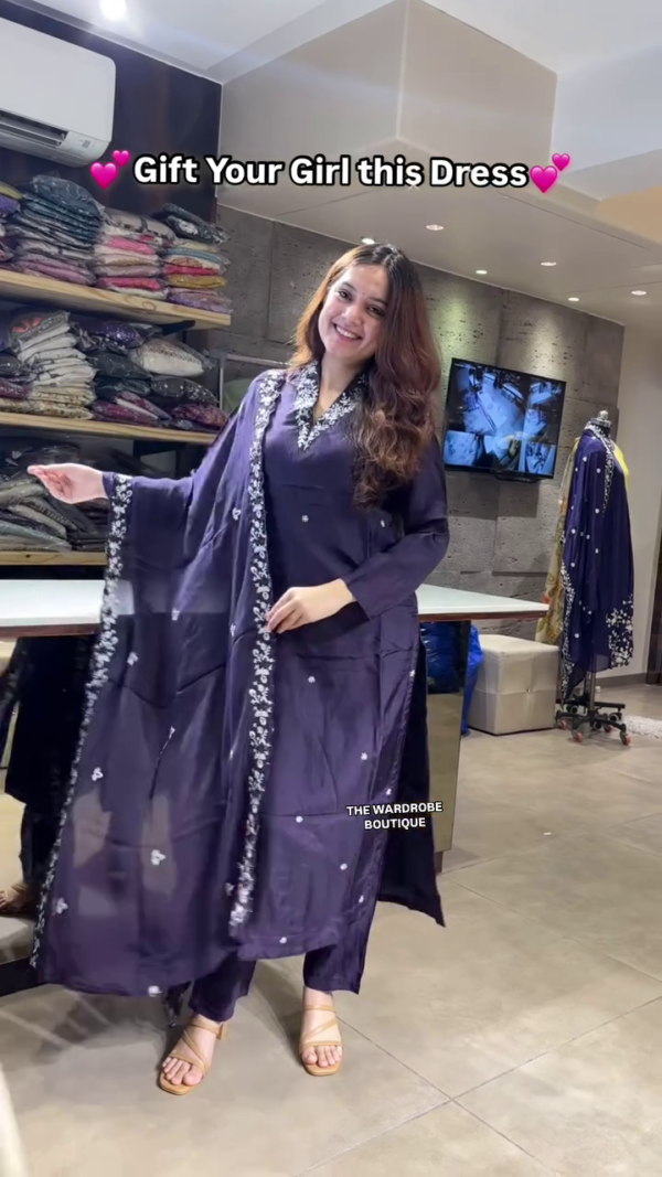 Deep Purple and Blue Straight-Cut Kurta Set with White Thread Embroidery on Neckline and Dupatta – Timeless Ethnic Wear Gift Option for Her by The Wardrobe Boutique