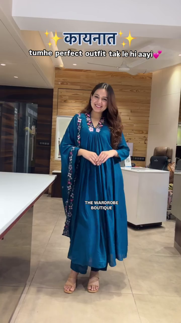 Stunning Teal Blue Flared Kurta Set with Delicate Multicolor Embroidery on Neckline and Dupatta – A Perfect Ethnic Outfit for Festive, Casual, and Special Occasions by The Wardrobe Boutique