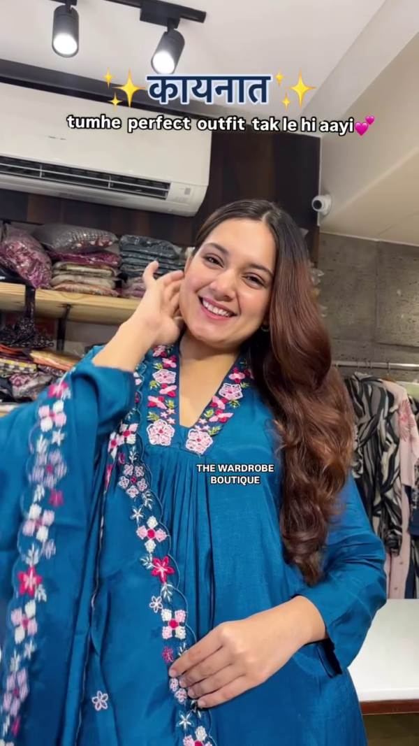 Stunning Teal Blue Flared Kurta Set with Delicate Multicolor Embroidery on Neckline and Dupatta – A Perfect Ethnic Outfit for Festive, Casual, and Special Occasions by The Wardrobe Boutique - Image 2