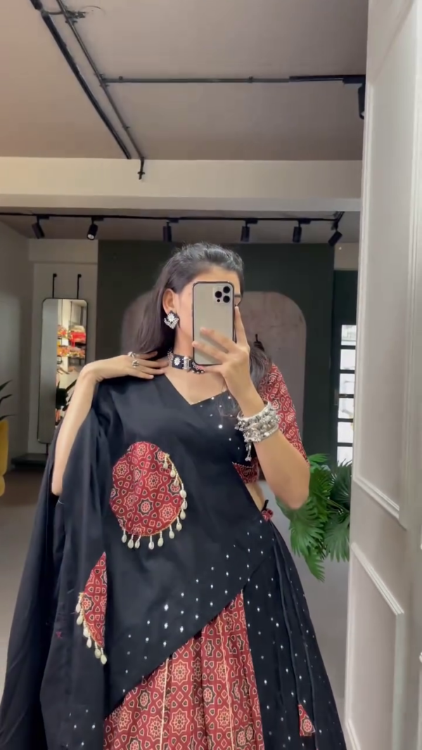 Maroon and Black Traditional Bandhani Print Lehenga Choli Set Featuring Contrasting Mirror Work Dupatta with Tassel Accents – Perfect for Navratri, Weddings, and Festive Celebrations - Image 2