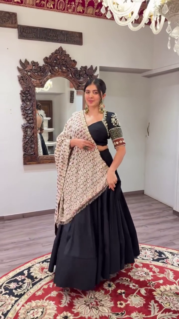 Stunning Black Lehenga Choli Set Featuring Embroidered Elbow-Sleeve Blouse Paired with Flowing Solid Skirt and Heavy Sequin-Embellished Dupatta – Ideal for Weddings And Garba Nights - Image 2