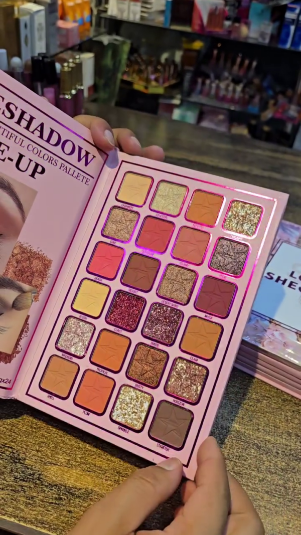 All-in-One Makeup Book with 24-Color Eyeshadow Palette, Face Powder, Eyebrow Powder & Cream – Versatile Professional Makeup Kit for Eyes, Brows, and Face Contouring in a Stylish Pink Floral Packaging - Image 2