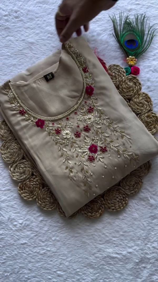 Beige Embroidered Kurta Set with Contrast Magenta Banarasi Dupatta – Elegant Festive Ethnic Wear