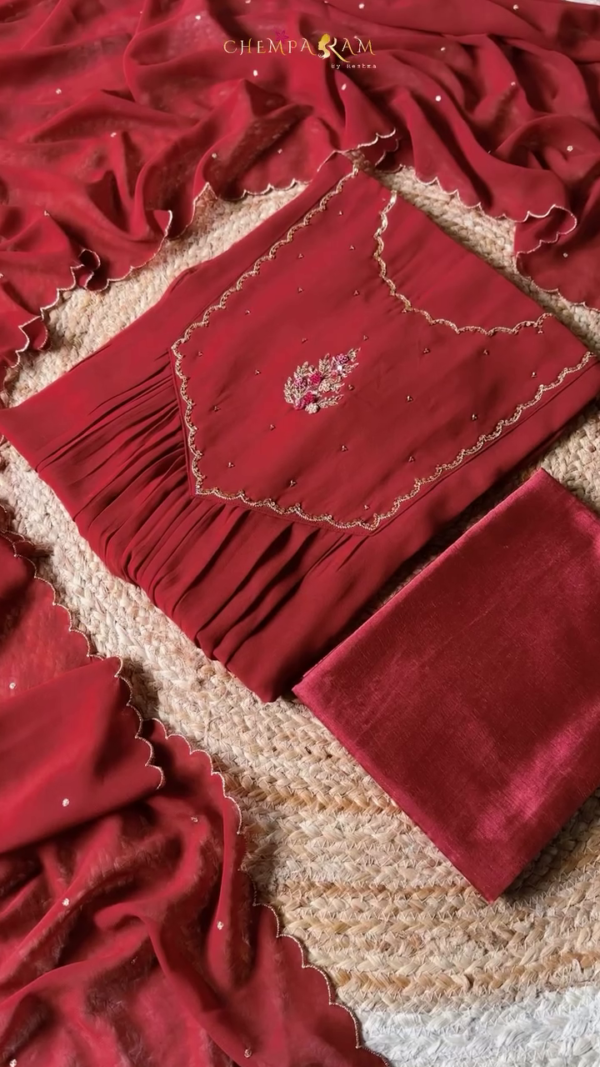 CHEMPARAM Traditional Red Embroidered Salwar Kameez Set with Scalloped Detailing and Elegant Embellishments