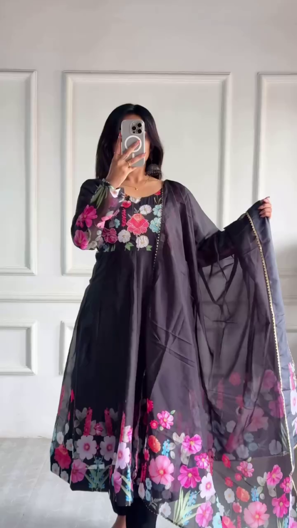 Elegant Black Floral Embroidered Anarkali with Sheer Dupatta and Vibrant Flower Detailing