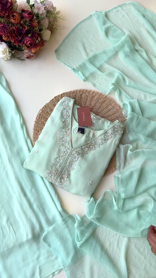 Pastel Mint Green Georgette Suit Set with Hand Embroidered Floral Detailing – Zimal Collection