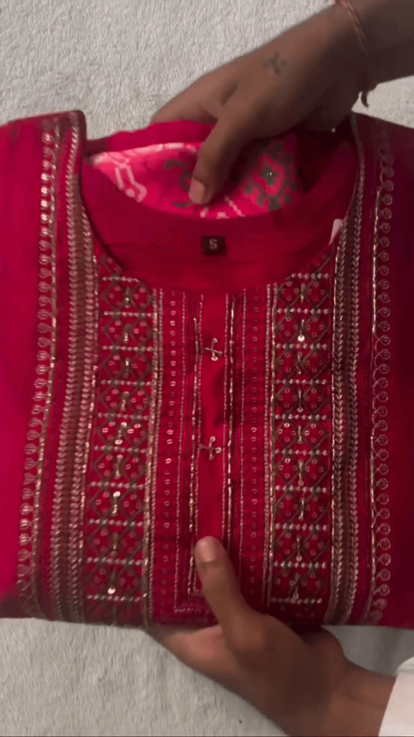 Elegant Dark Pink Embroidered Straight-Cut Kurti with Intricate Neck Work Paired with Matching Bottom and Printed Chiffon Dupatta
