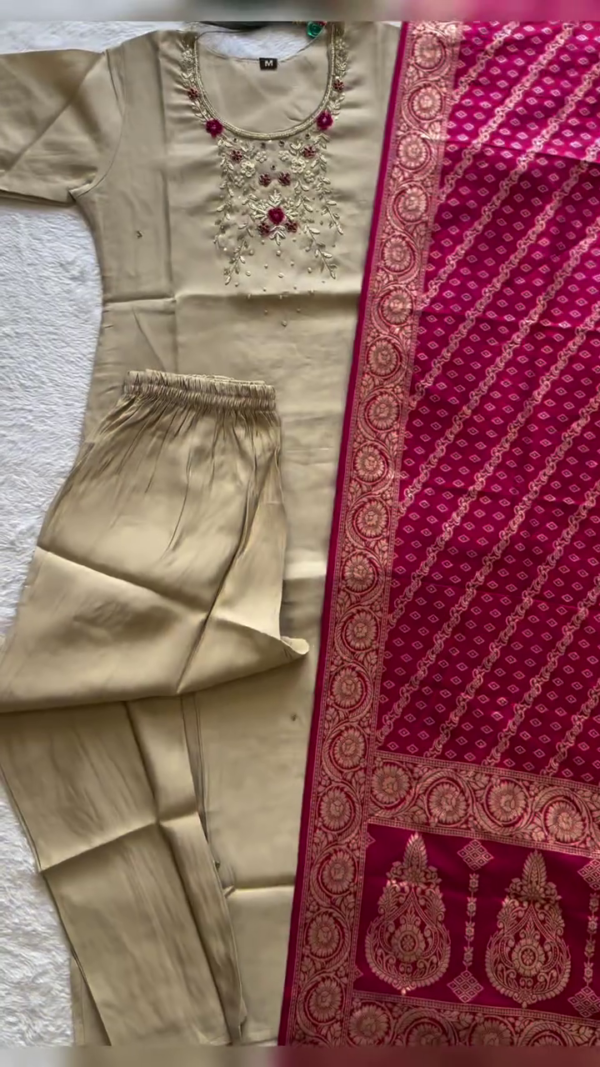 Beige Embroidered Kurta Set with Contrast Magenta Banarasi Dupatta – Elegant Festive Ethnic Wear - Image 2