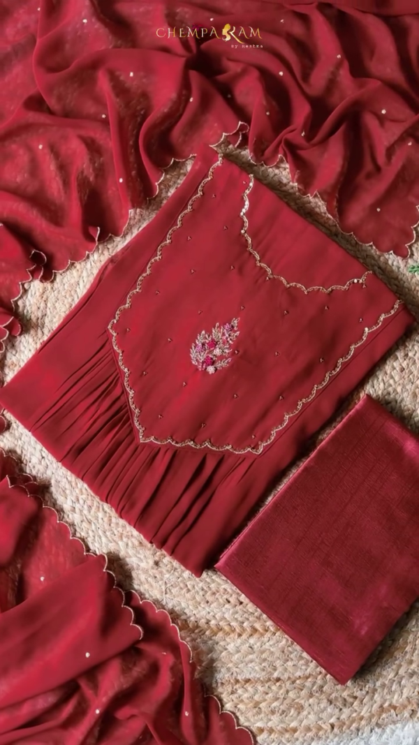 CHEMPARAM Traditional Red Embroidered Salwar Kameez Set with Scalloped Detailing and Elegant Embellishments - Image 2