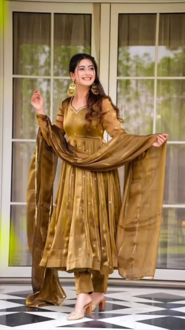 Elegant Olive Green Embroidered Anarkali with Sheer Dupatta and Pleated Detailing - Image 2
