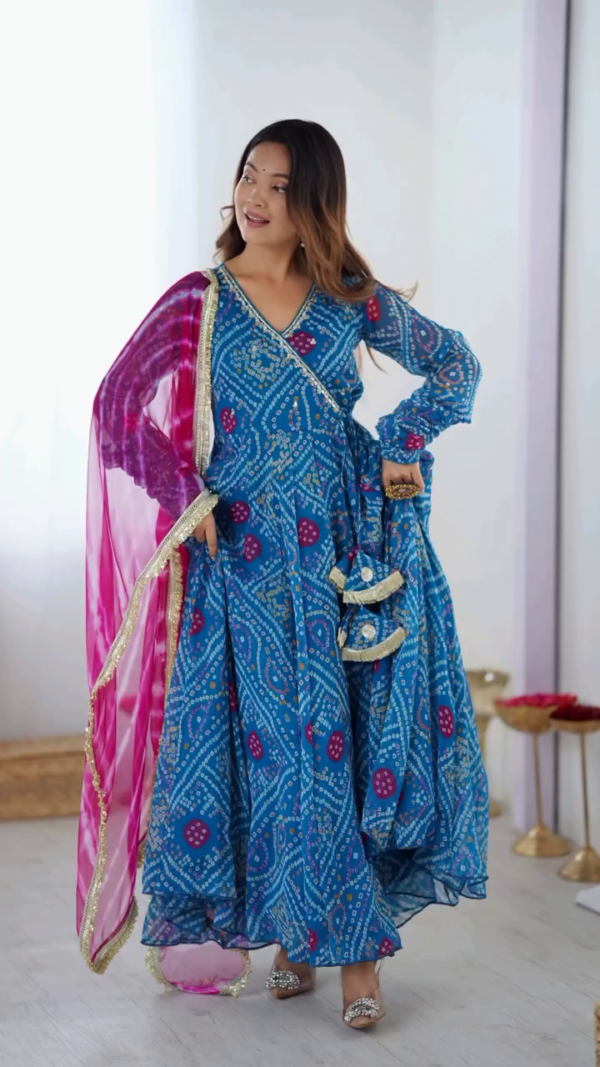 Beautiful Blue Printed Anarkali Dress with Traditional Bandhani Design, Complemented by a Pink Dupatta with Golden Borders - Image 2