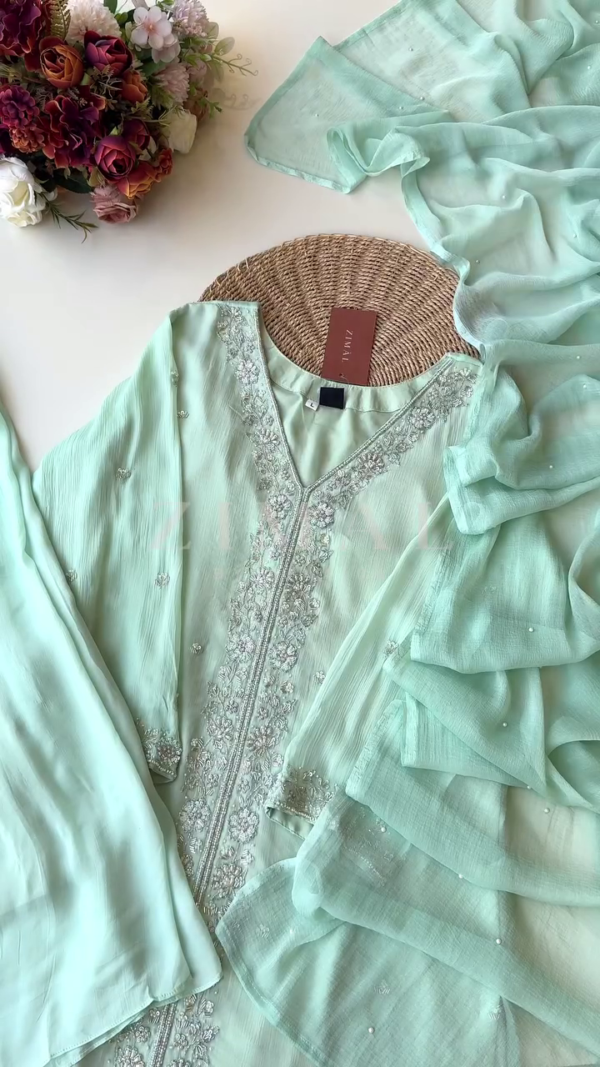 Pastel Mint Green Georgette Suit Set with Hand Embroidered Floral Detailing – Zimal Collection - Image 2