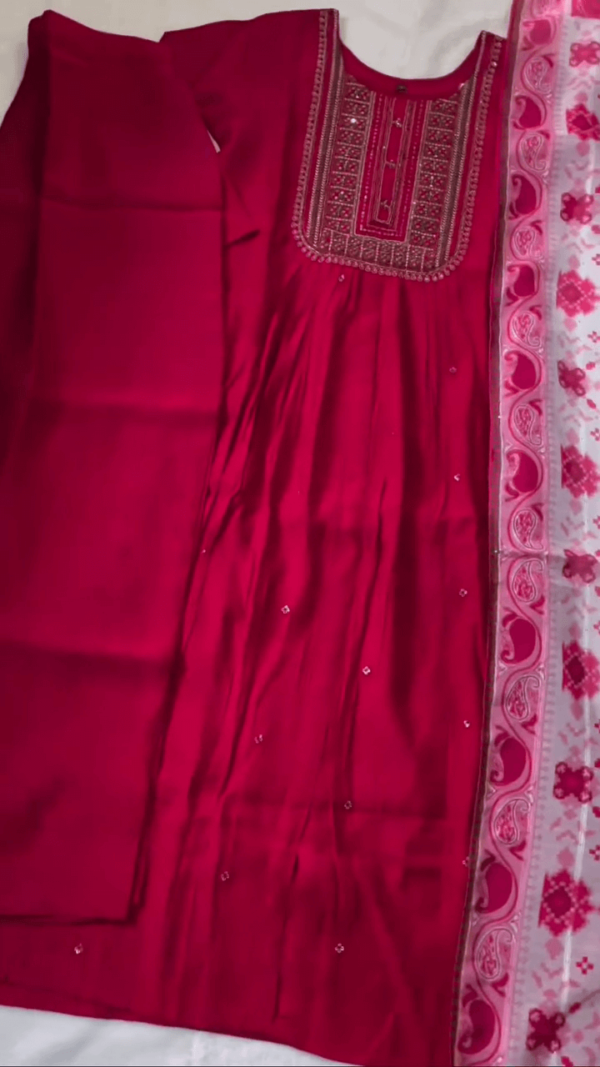 Elegant Dark Pink Embroidered Straight-Cut Kurti with Intricate Neck Work Paired with Matching Bottom and Printed Chiffon Dupatta - Image 2