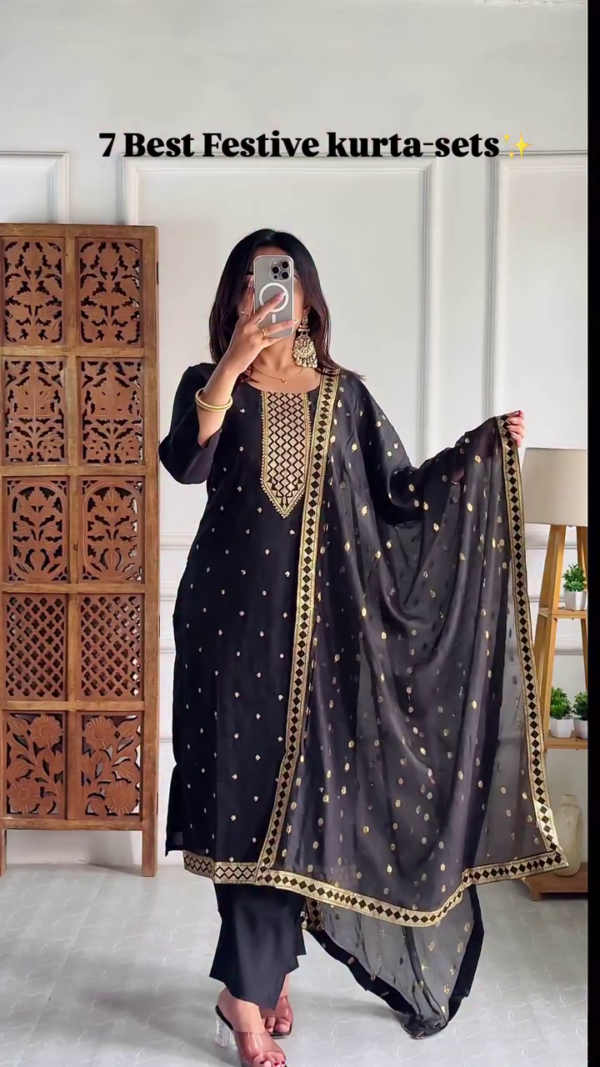 Best Festive Kurta Sets – Elegant Blue & Black Ethnic Ensembles with Gold Detailing and Stylish Dupattas - Image 2
