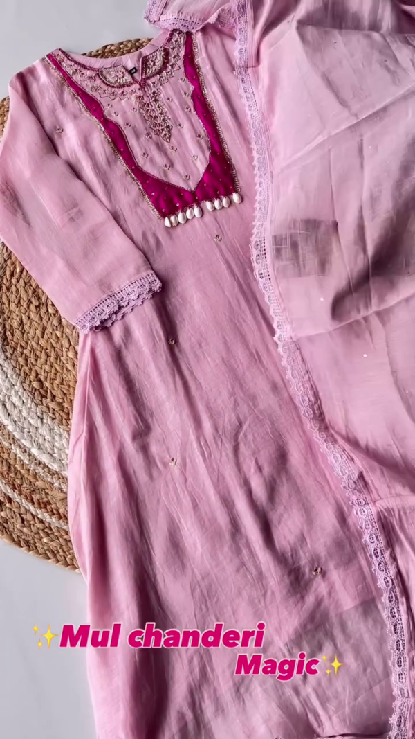 Soft Mul Chanderi Pink Kurta with Intricate Embroidery and Lace Detailing - Image 2