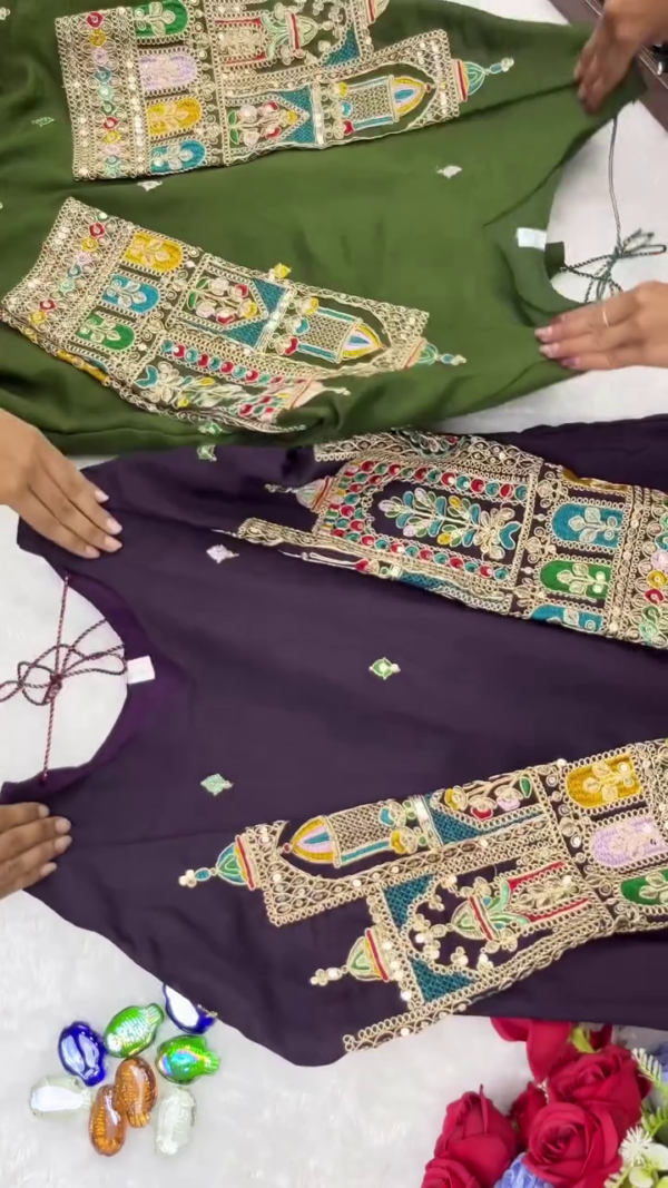 Elegant Green and Purple Anarkalis with Intricate Embroidery and Decorative Prints