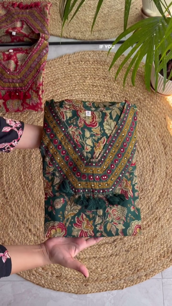 Teal & Maroon Floral Printed Cotton Suit Set with Embroidered Neckline and Tassel Detail