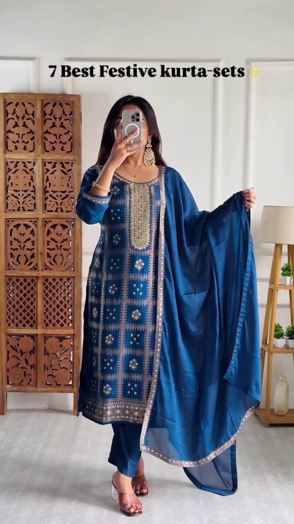 Best Festive Kurta Sets – Elegant Blue & Black Ethnic Ensembles with Gold Detailing and Stylish Dupattas