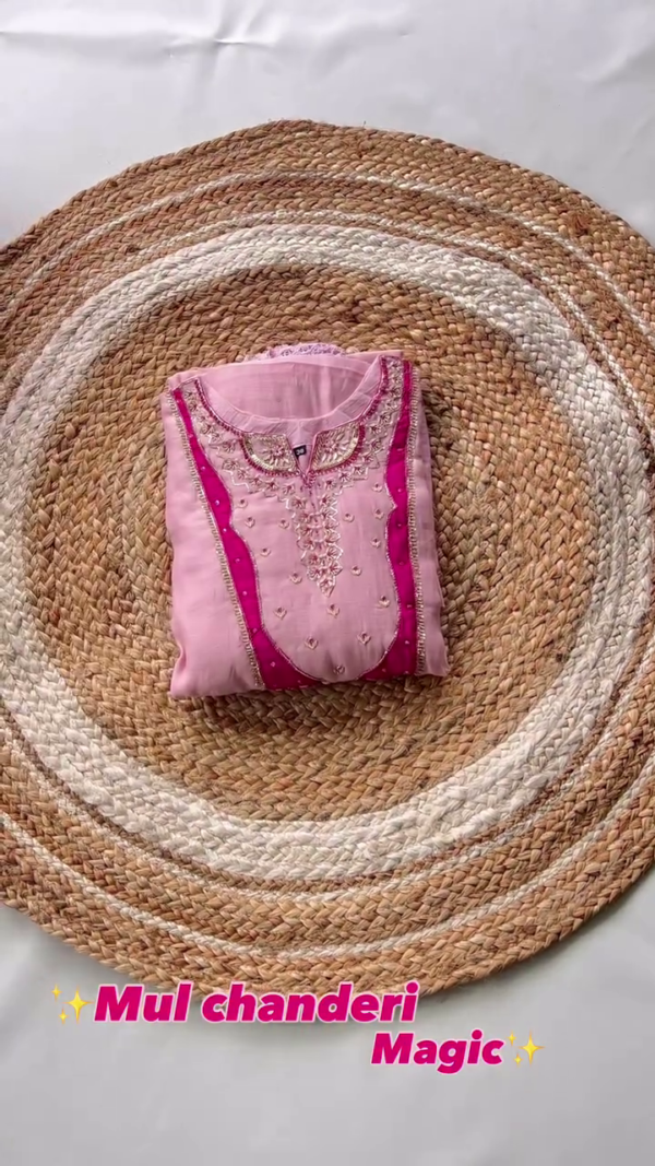 Soft Mul Chanderi Pink Kurta with Intricate Embroidery and Lace Detailing