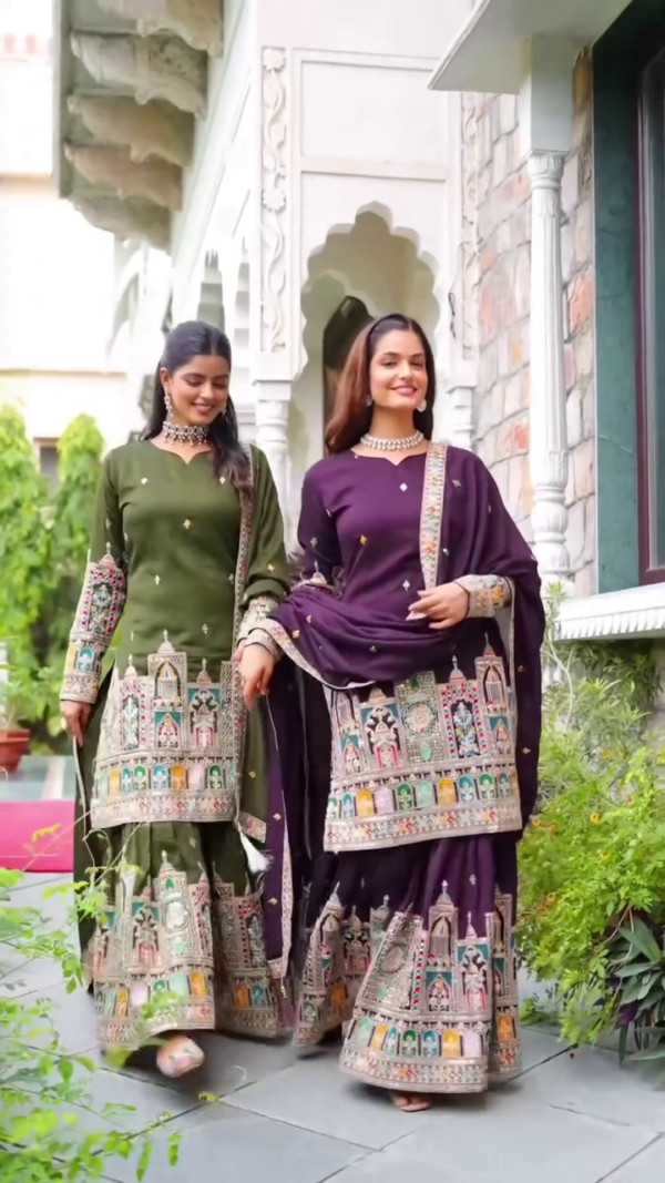 Elegant Green and Purple Anarkalis with Intricate Embroidery and Decorative Prints - Image 2