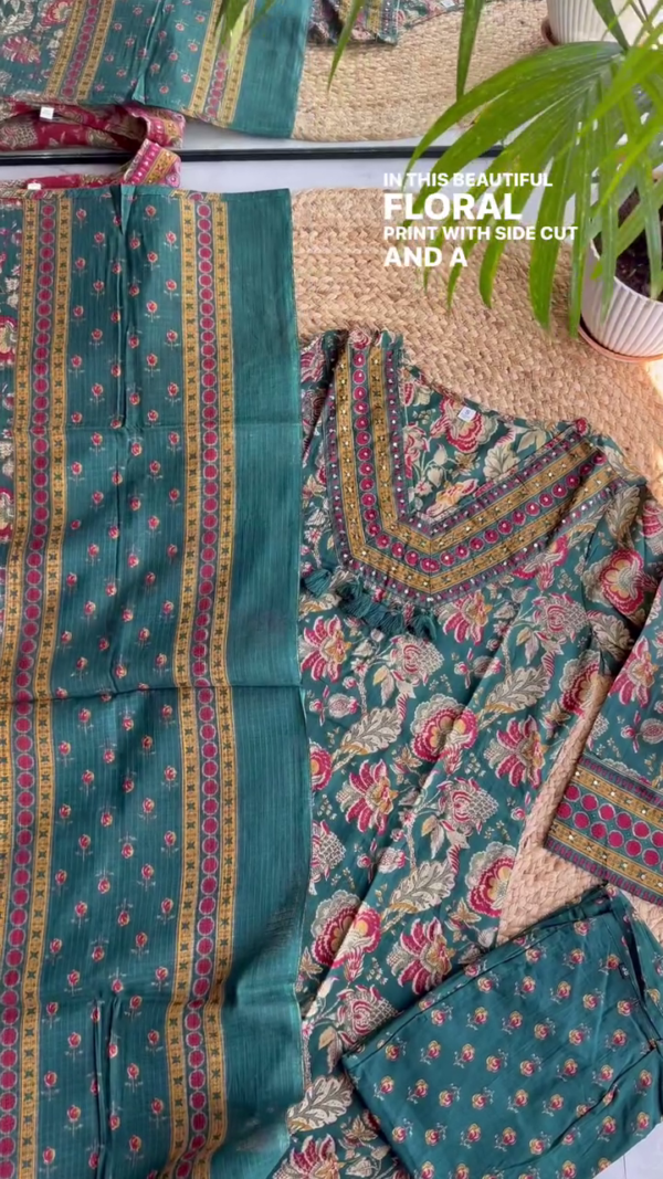 Teal & Maroon Floral Printed Cotton Suit Set with Embroidered Neckline and Tassel Detail - Image 2