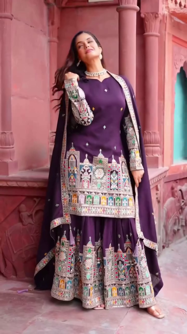 Elegant Green and Purple Anarkalis with Intricate Embroidery and Decorative Prints - Image 3