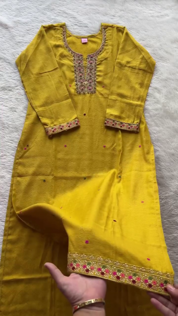 Elegant Yellow Embroidered Kurta Set with Floral Detailing and Matching Dupatta – Perfect for Festive Occasions - Image 2
