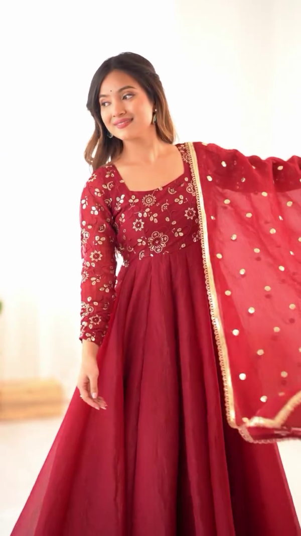 Elegant Red Embroidered Anarkali with Sheer Sleeves and Matching Dupatta - Image 2