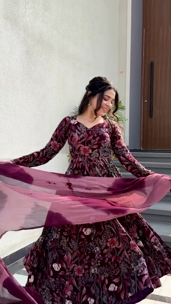 Beautiful Maroon Floral Embroidered Anarkali with Flowing Dupatta