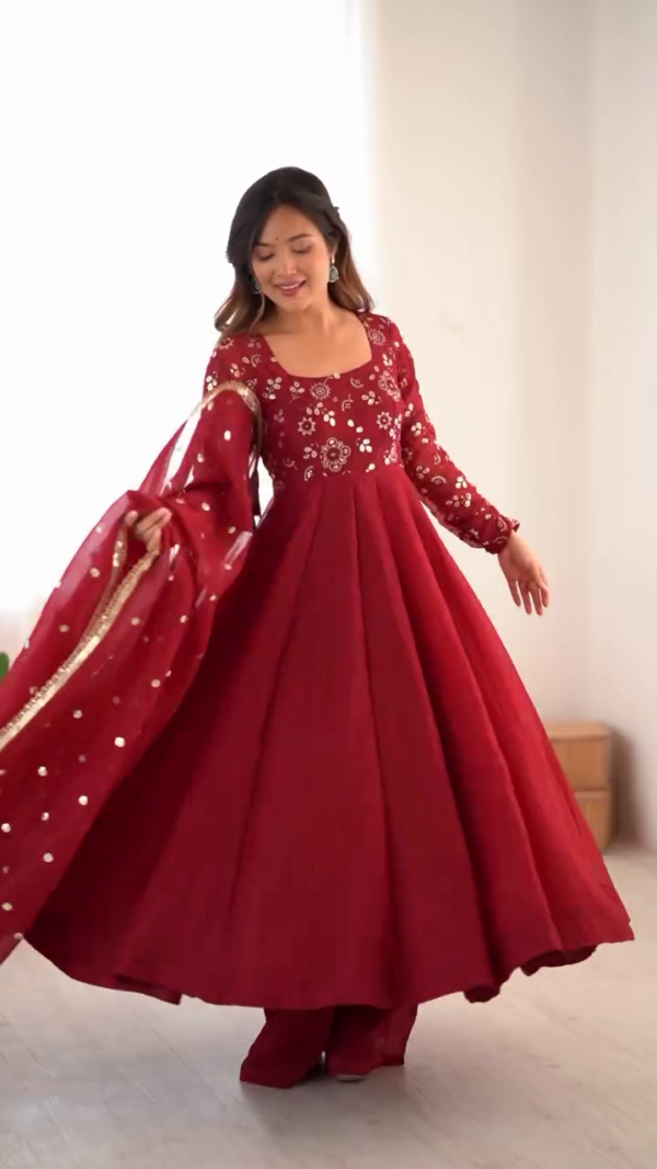 Elegant Red Embroidered Anarkali with Sheer Sleeves and Matching Dupatta