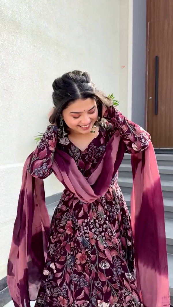 Beautiful Maroon Floral Embroidered Anarkali with Flowing Dupatta - Image 2