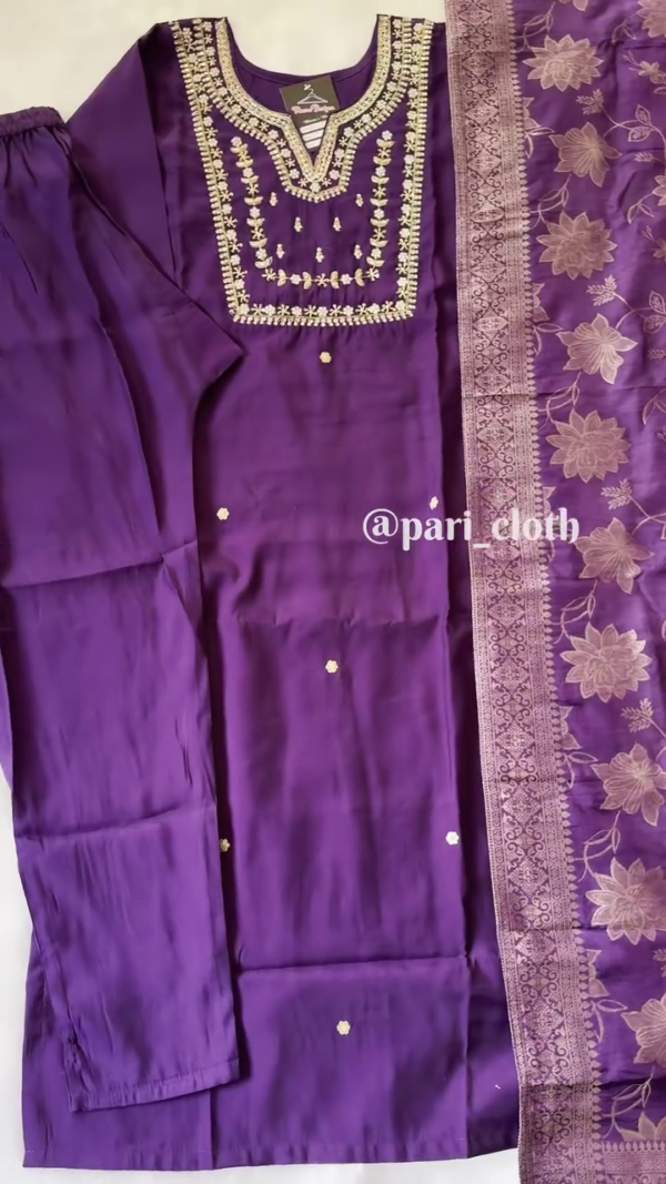 Royal Purple Embroidered Kurti Set with Elegant Golden Detailing and a Beautiful Floral Dupatta – Ideal for Festive and Traditional Occasions     Ask ChatGPT - Image 2