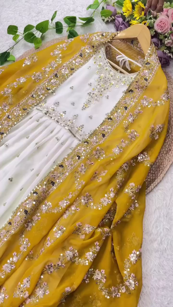 White Georgette Anarkali Suit with Mirror & Sequin Embroidery Paired with Mustard Yellow Organza Dupatta Featuring Delicate Floral Handwork and Gota Borders – Festive & Wedding Collection - Image 2