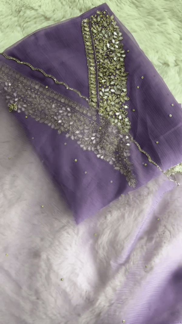 Stunning Lavender Georgette Suit Set Featuring Heavy Mirror and Stone Work on V-Neckline, Delicately Scattered Embellishments, and Matching Dupatta with Shimmering Border – Glamorous Party Wear for Women - Image 2