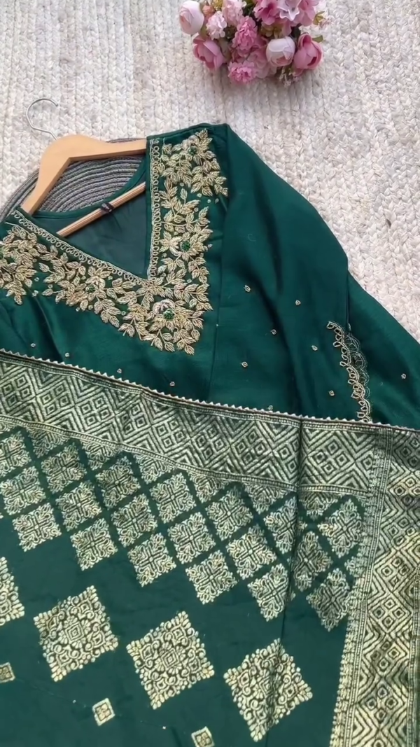 Deep green suit with elegant golden embroidery and geometric motifs — perfect for a graceful festive or formal look. - Image 2
