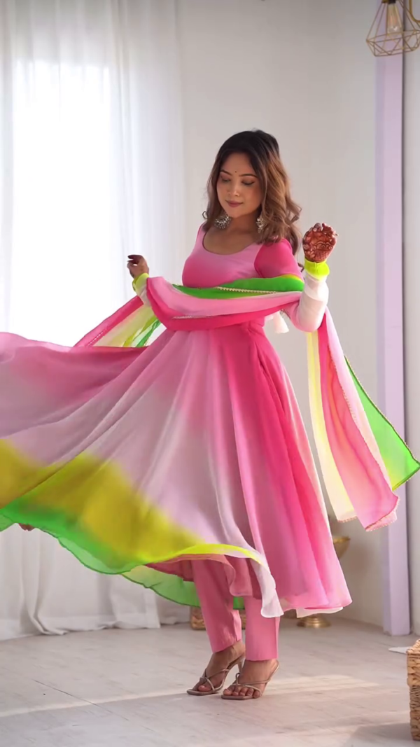 Pink Flared Anarkali Set with Colorblock Dupatta in Green, Yellow & White – Festive Wear Georgette Suit Featuring Scoop Neckline and Solid Straight Pants
