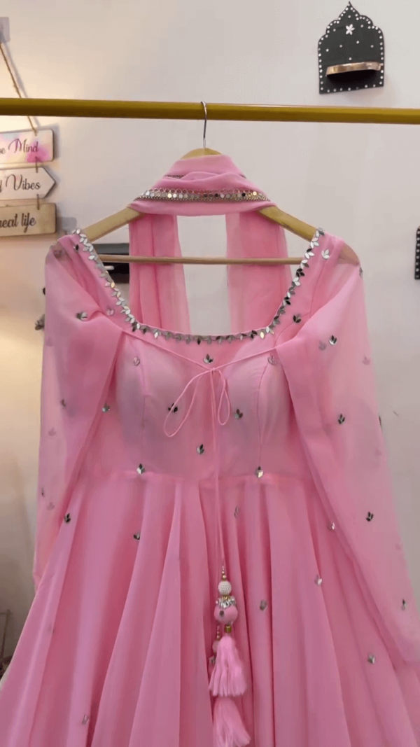 Charming Baby Pink Georgette Anarkali Suit with Mirror Work on Neckline and Sleeves, Elegant Tassel Tie Detailing, and Matching Dupatta - Image 2