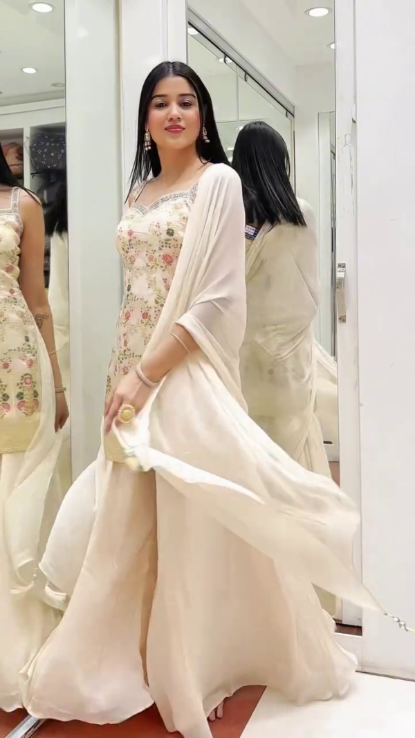 Ivory Embroidered Sharara Set with Spaghetti Strap Kurti – Floral Thread Work Top Paired with Layered Flowy Sharara and Matching Dupatta – Perfect for Festive & Daytime Events - Image 2