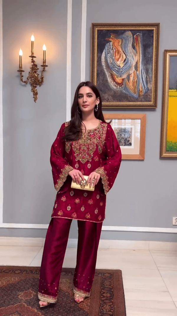 Rich Maroon Embroidered Straight-Cut Suit with Handworked Neckline & Cuffs – Luxe Silk Ensemble for Formal Celebrations and Evening Events