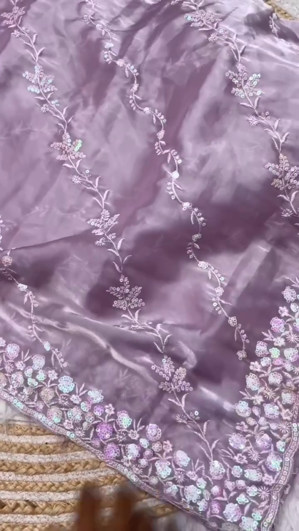 Lavender Organza Saree with Intricate Sequin & Thread Embroidery – Soft Sheer Fabric with Floral Border Detailing – Lightweight Festive Drape for Elegant Occasions - Image 2
