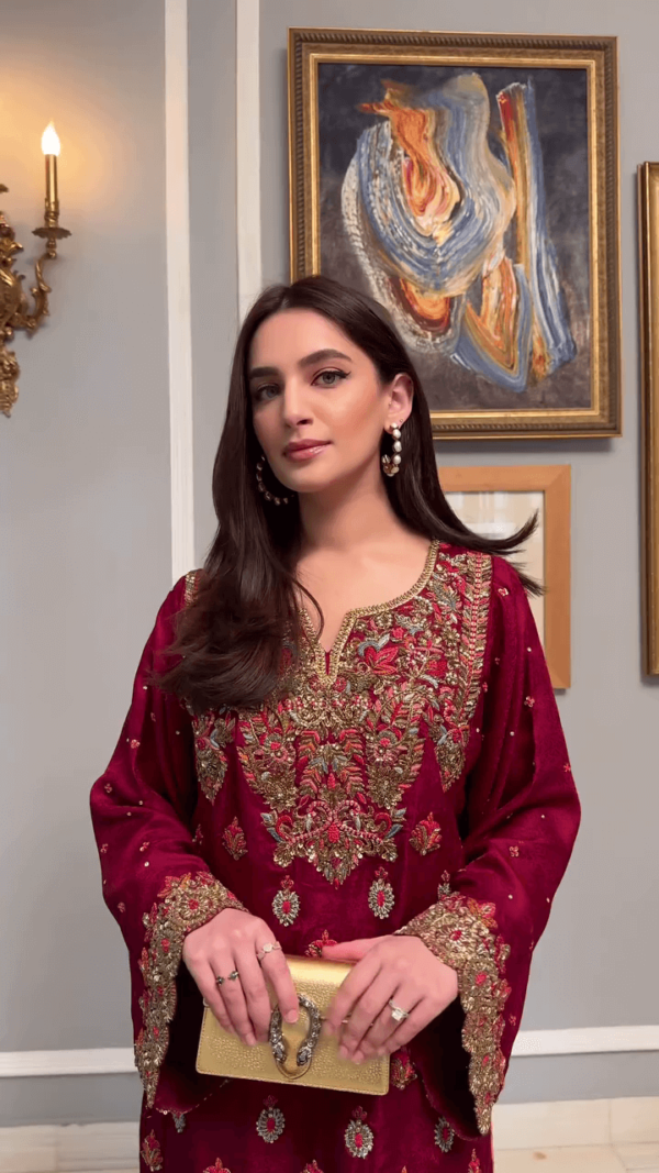 Rich Maroon Embroidered Straight-Cut Suit with Handworked Neckline & Cuffs – Luxe Silk Ensemble for Formal Celebrations and Evening Events - Image 2