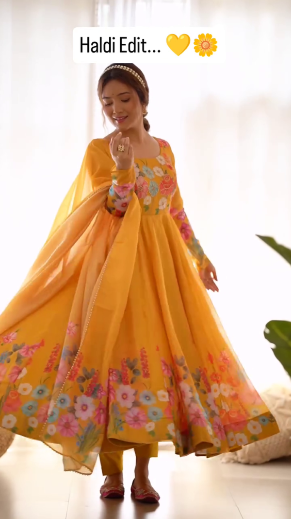 Sunshine Yellow Floral Anarkali Set with Dupatta – Perfect for Haldi & Daytime Festivities