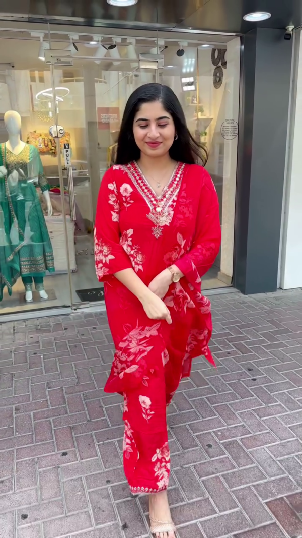 Radiant Red Floral Printed Kurta Set with Intricate Bead and Thread Neck Embroidery, Paired with Matching Printed Dupatta and Embroidered Hem Pants – A Vibrant and Graceful Look for Festive Days, Elegant Daywear, and Semi-Formal Gatherings - Image 2