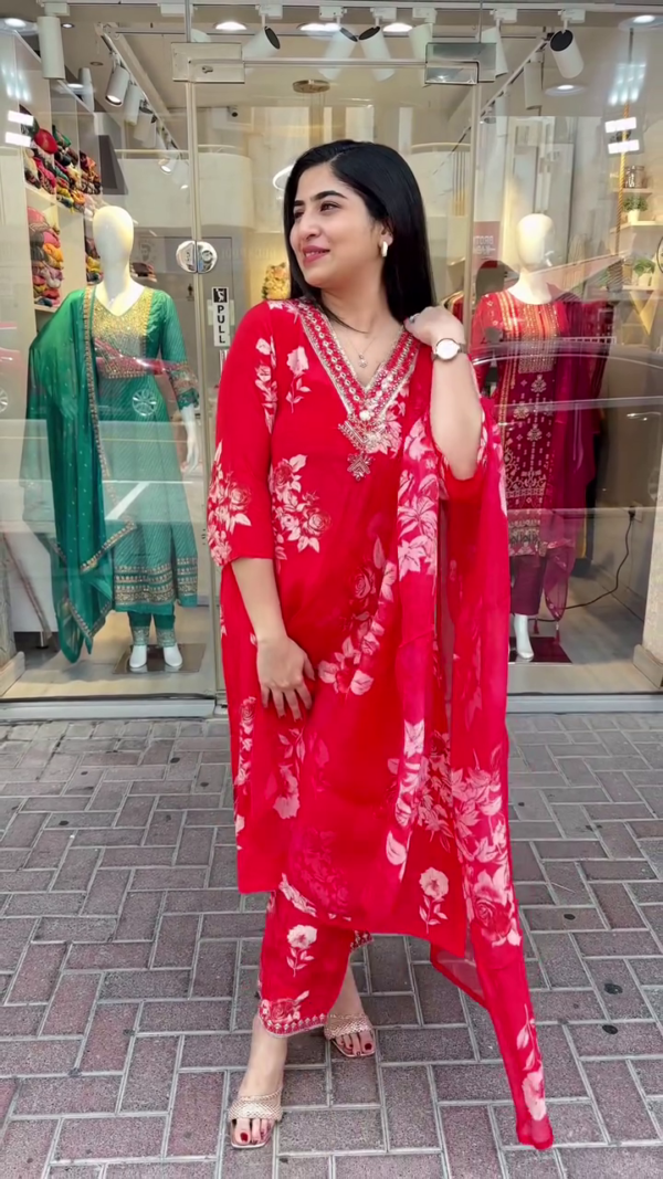 Radiant Red Floral Printed Kurta Set with Intricate Bead and Thread Neck Embroidery, Paired with Matching Printed Dupatta and Embroidered Hem Pants – A Vibrant and Graceful Look for Festive Days, Elegant Daywear, and Semi-Formal Gatherings