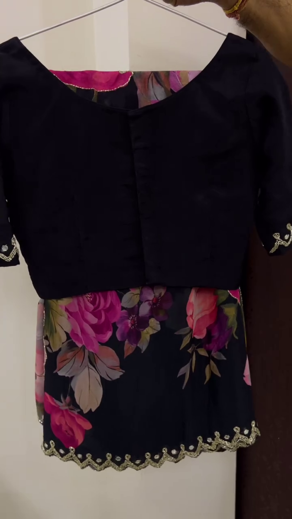 Floral Organza Peplum Blouse with Black Sweetheart Neck Bodice and Sequin Embellishments – A Chic Fusion for Contemporary Ethnic Looks. - Image 2