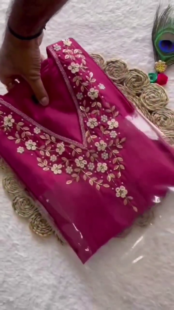 Magenta Silk Straight Suit Set with Floral Thread Embroidery & Zari Border Organza Dupatta – Elegant Ethnic Ensemble for Festive & Special Occasions