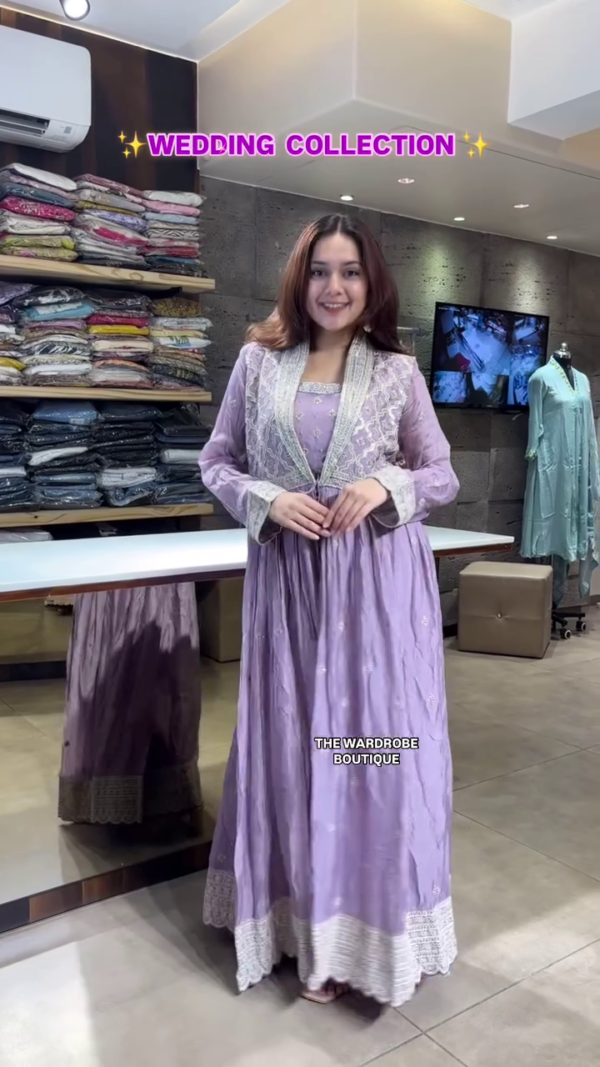 Lavender Anarkali Gown Set with Intricate Lace Jacket Detailing – A Graceful Ensemble from The Wardrobe Boutique's Wedding Collection, Perfect for Engagements, Receptions, and Festive Celebrations
