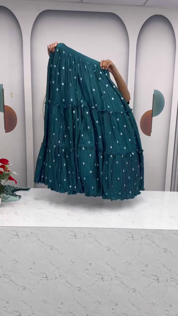 Sea Green & Teal Crinkled Lehenga Set – Intricately Embroidered Bodice with Mirror Work, Full Sleeves & Tiered Skirt – A Breezy Yet Glamorous Ensemble for Mehendi, Day Weddings & Summer Festivities. - Image 2